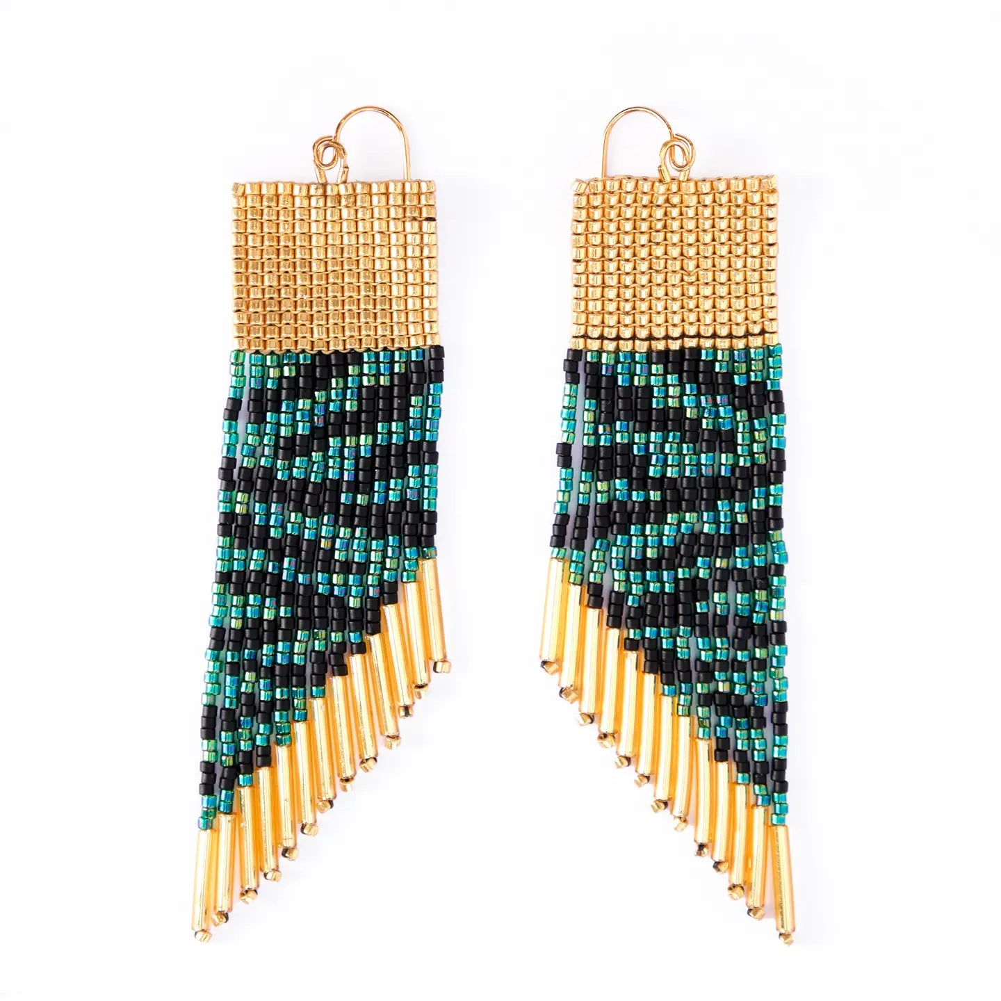 Beaded Handwoven Golden Zebra Fringe Earrings