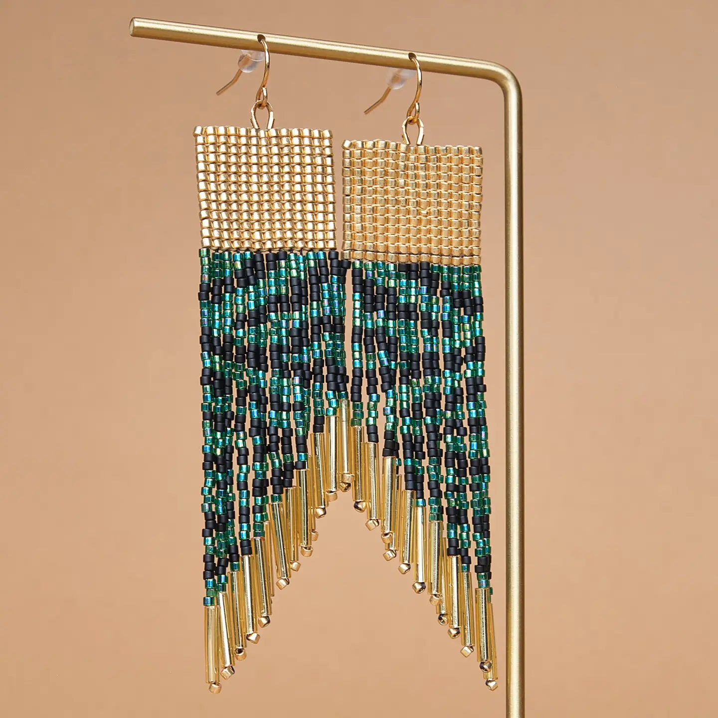 Beaded Handwoven Golden Zebra Fringe Earrings