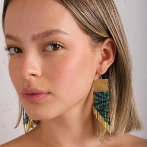 Beaded Handwoven Golden Zebra Fringe Earrings