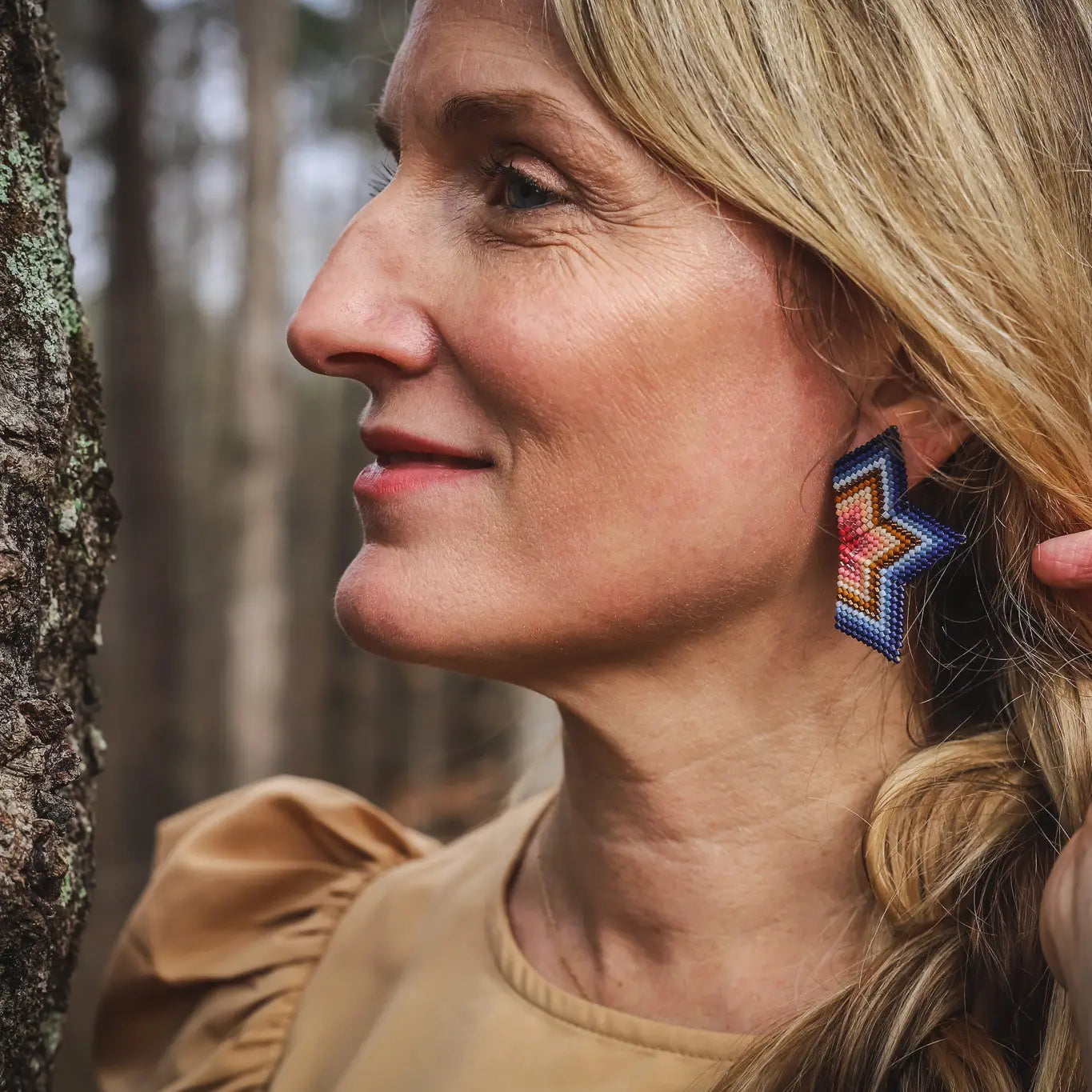 Beaded Handwoven Medium Half Star Earrings