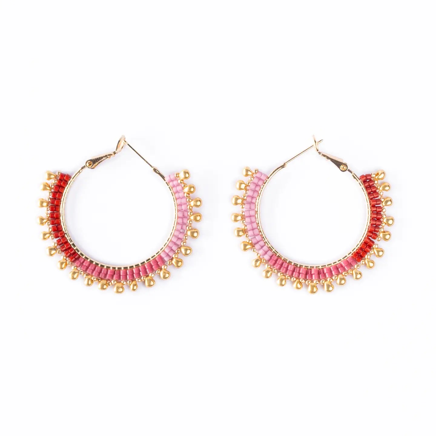 Handwoven Beaded Gold Drop Hoop Earrings