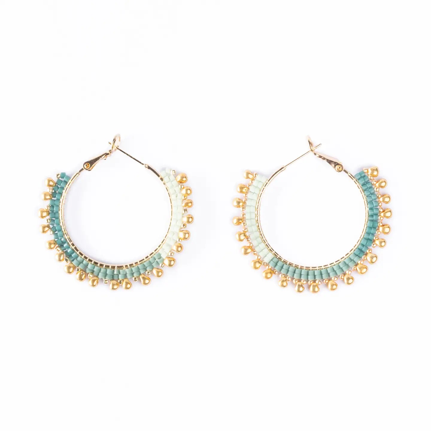 Handwoven Beaded Gold Drop Hoop Earrings