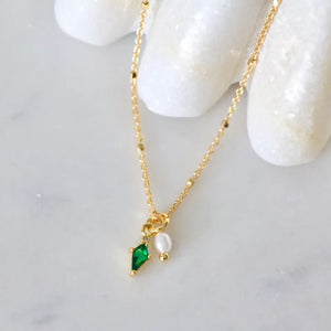 Mini Pearl and Emerald Drop Necklace