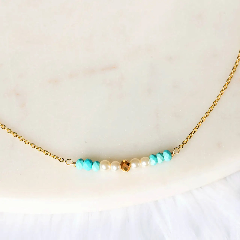 Pearl, Turquoise and Metallic Crystal Arc Necklace